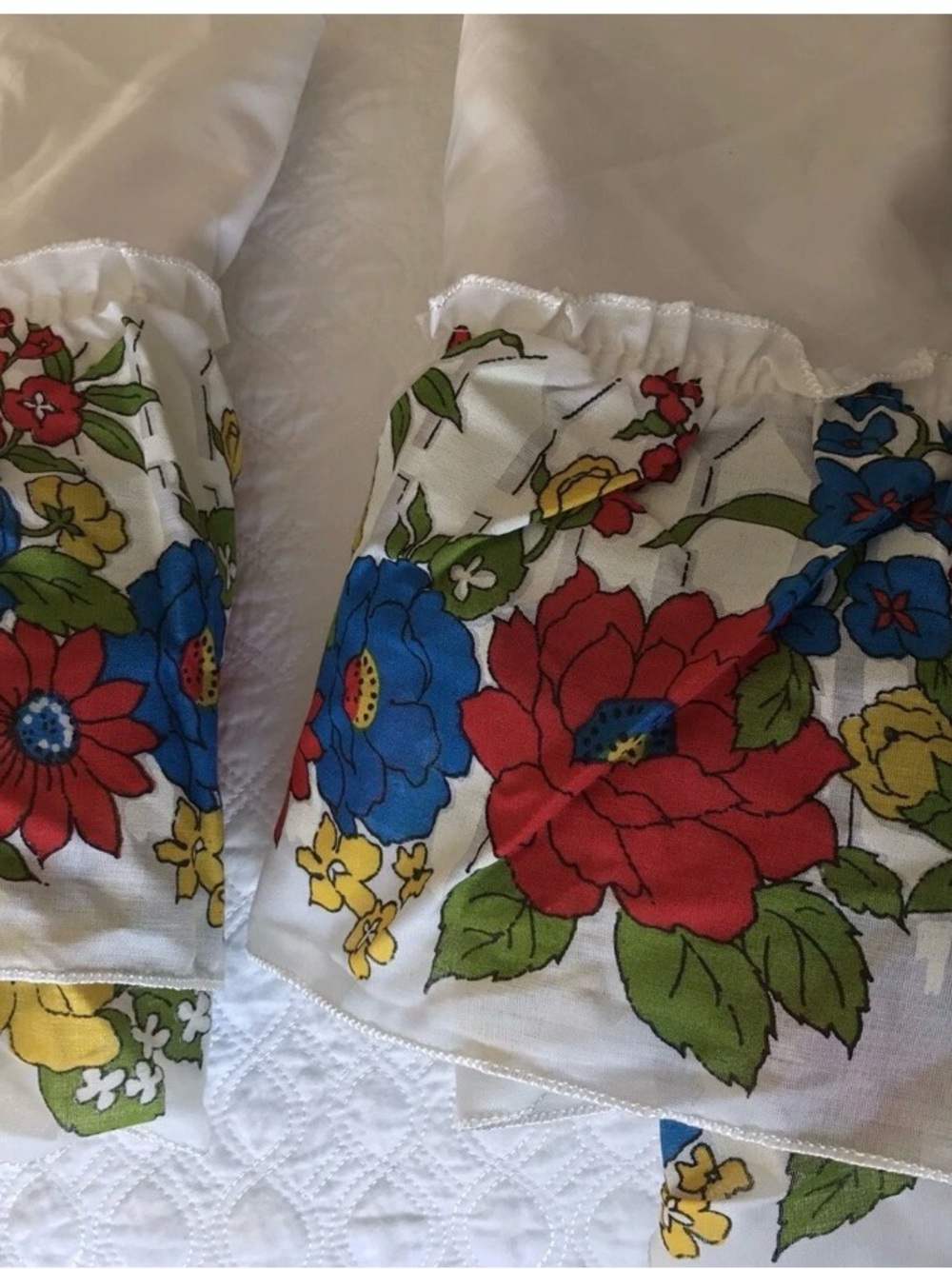 Vintage Cafe Curtain With Large Floral Ruffle Trim Red, Blue, Yellow Roses